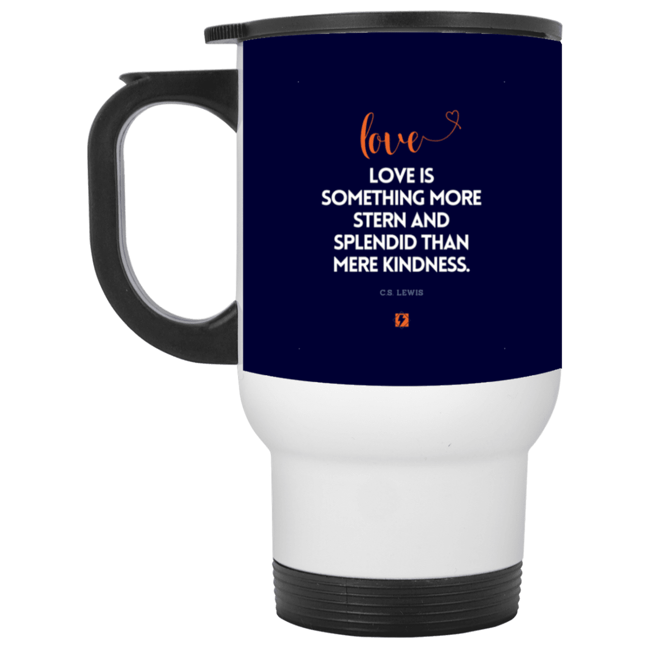 Steel Travel Mug with inspiring CS Lewis quote: CS109 - Love is more than kindness - Color: White Navy