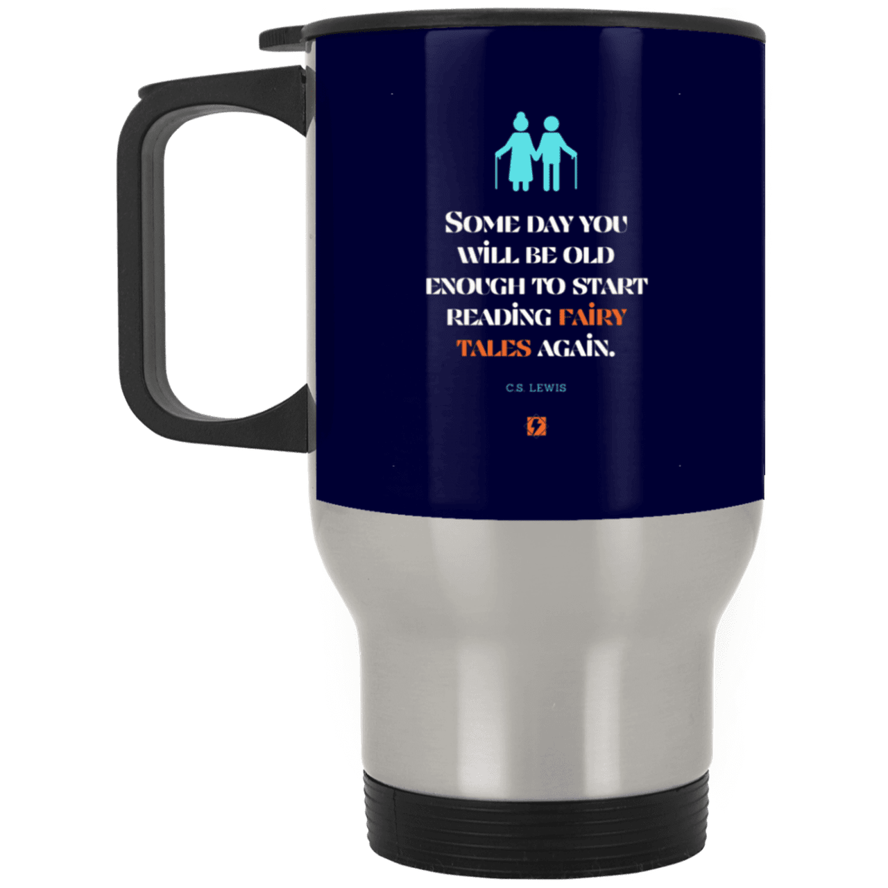 Steel Travel Mug with inspiring CS Lewis quote: CS114 - Fairy tales for the old - Color: Silver Navy