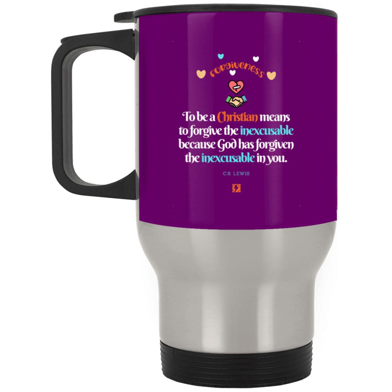 Steel Travel Mug with inspiring CS Lewis quote: CS116 - Forgive the inexcusable - Color: Silver Purple