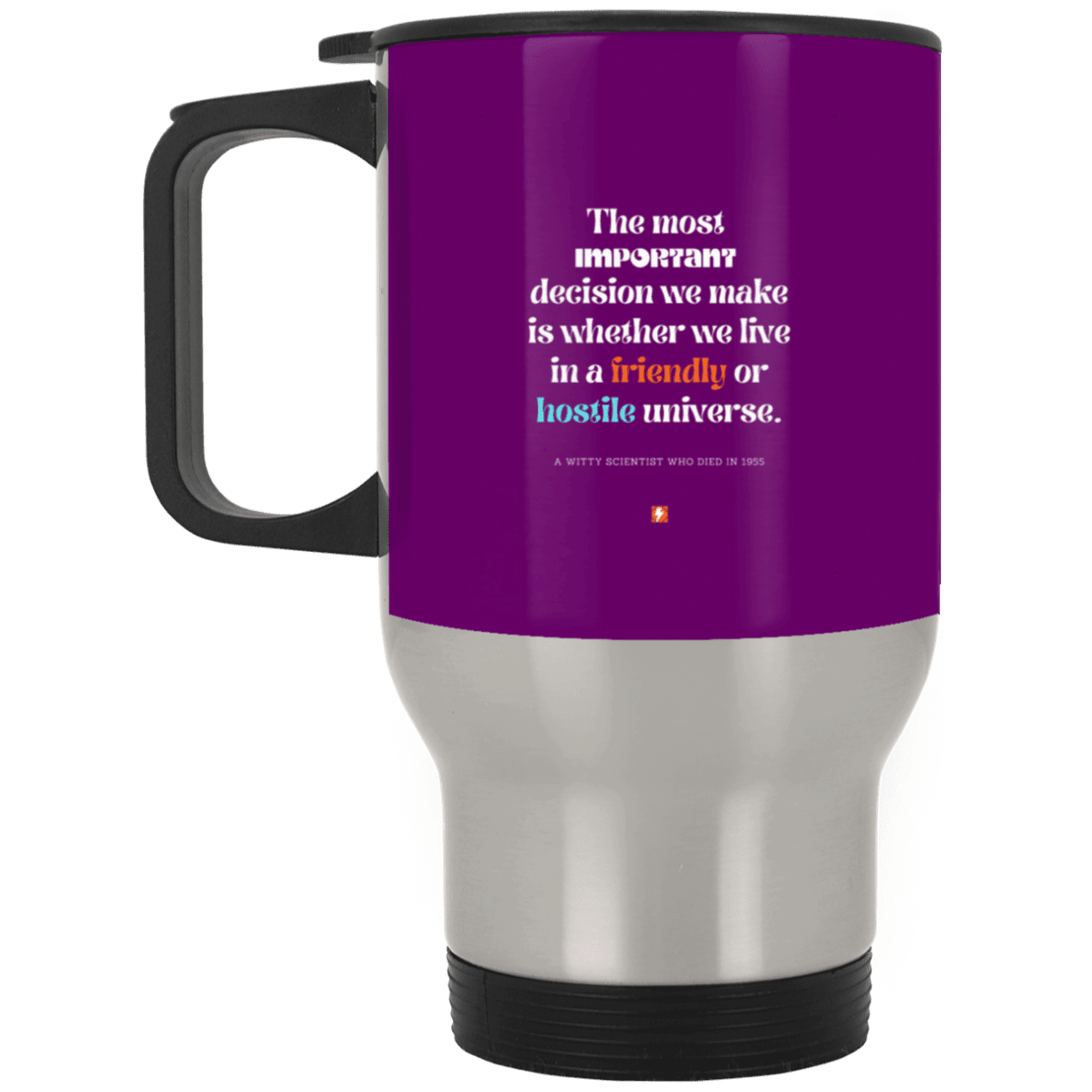 Steel Travel Mug with inspiring Einstein quote: E115 - Understanding the nature of the universe is key - Color: Silver Purple