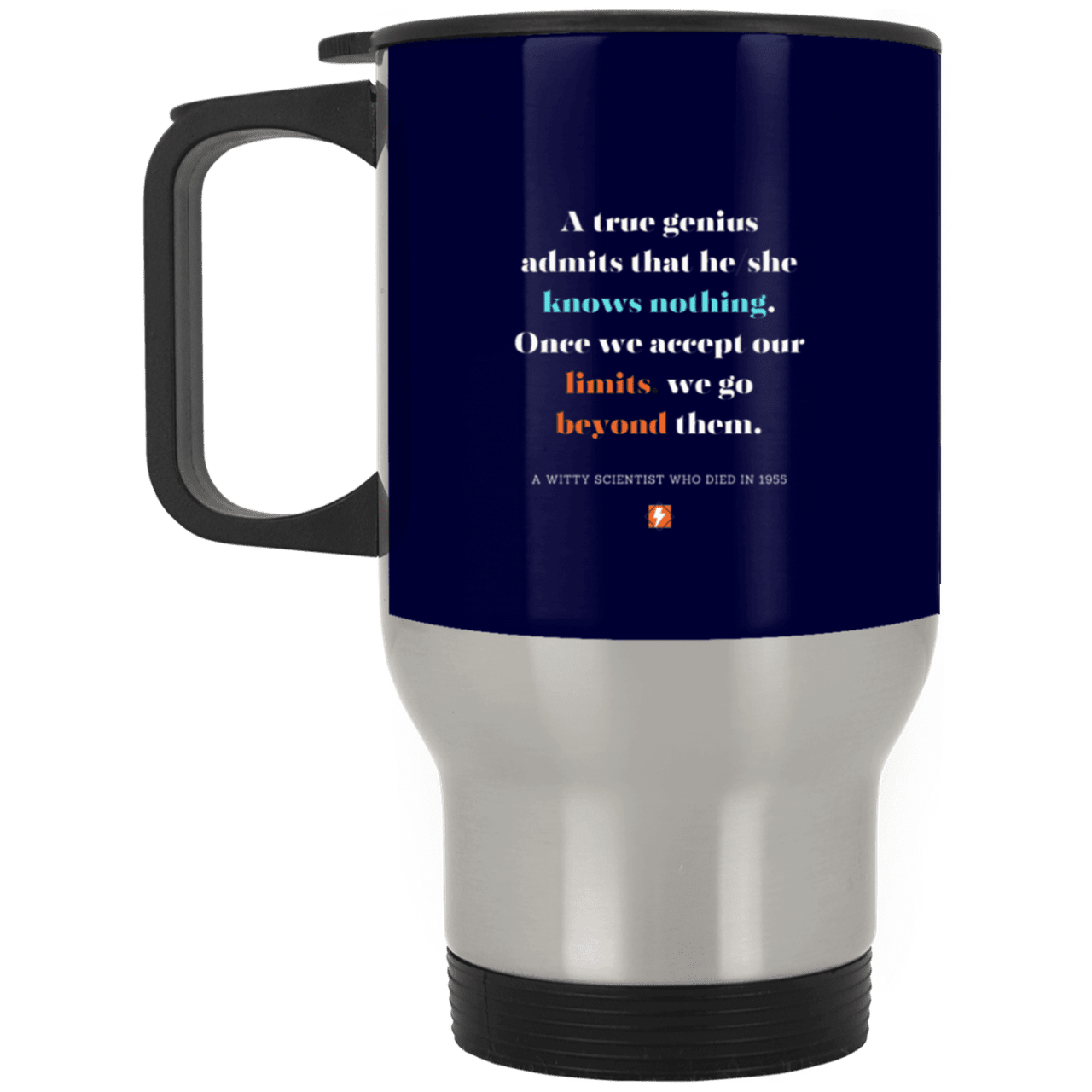 Steel Travel Mug with inspiring Einstein quote: E119 - A genius is conscious of one's limits - Color: Silver Navy