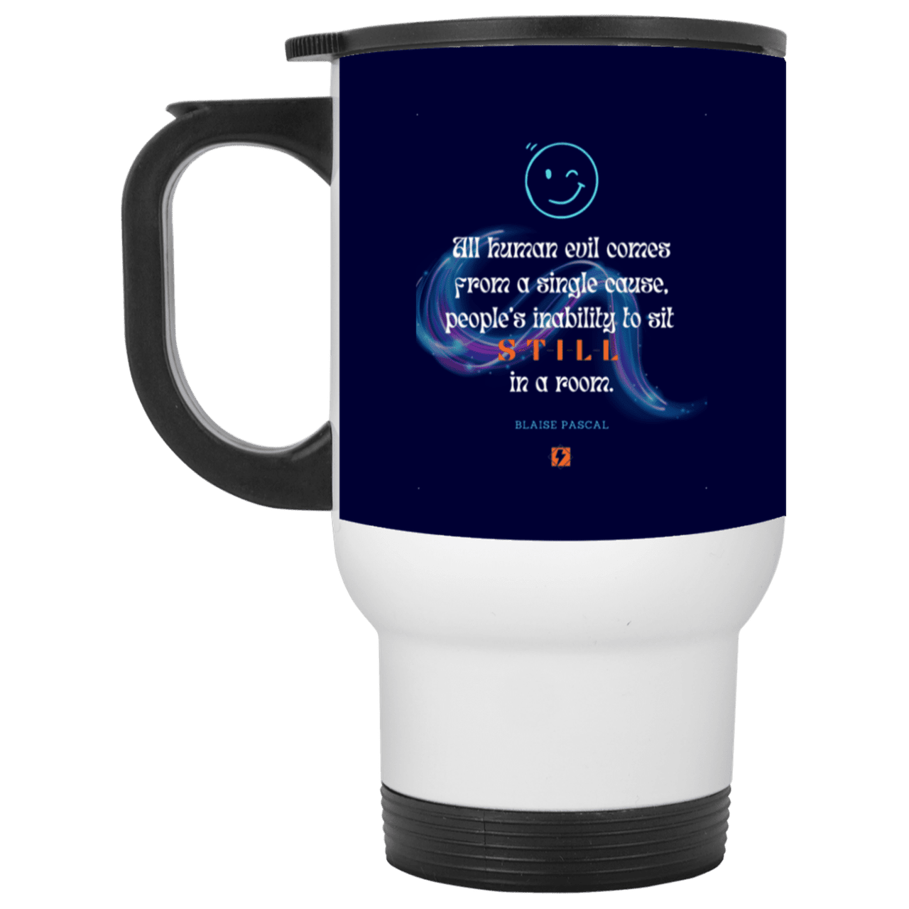 Steel Travel Mug with inspiring Pascal quote: BP101 - Importance of keeping still - Color: White Navy