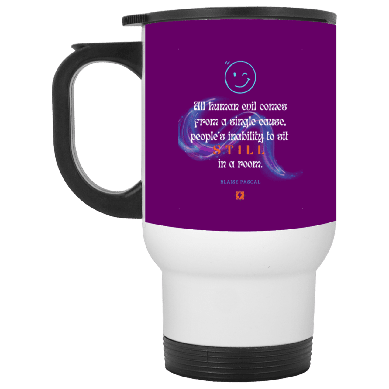 Steel Travel Mug with inspiring Pascal quote: BP101 - Importance of keeping still - Color: White Purple