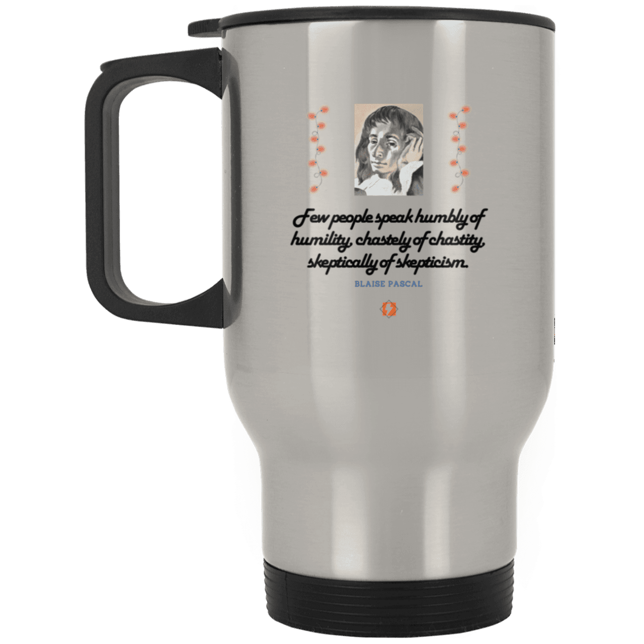 Steel Travel Mug with inspiring Pascal quote: BP102 - Self-awareness is a societal lack - Color: Plain Silver