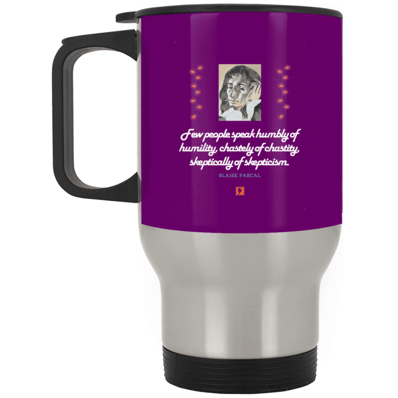 Steel Travel Mug with inspiring Pascal quote: BP102 - Self-awareness is a societal lack - Color: Silver Purple