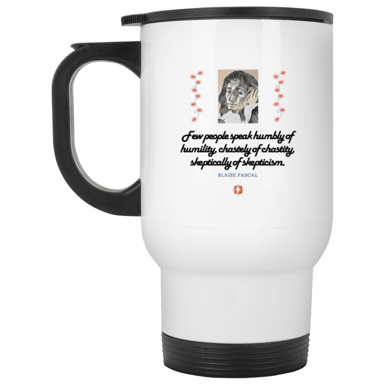 Steel Travel Mug with inspiring Pascal quote: BP102 - Self-awareness is a societal lack - Color: Plain White