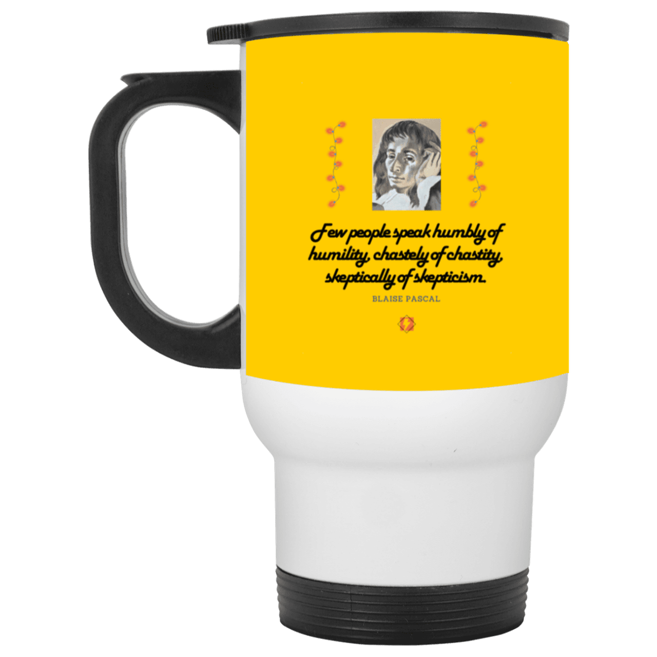 Steel Travel Mug with inspiring Pascal quote: BP102 - Self-awareness is a societal lack - Color: White Athletic Gold