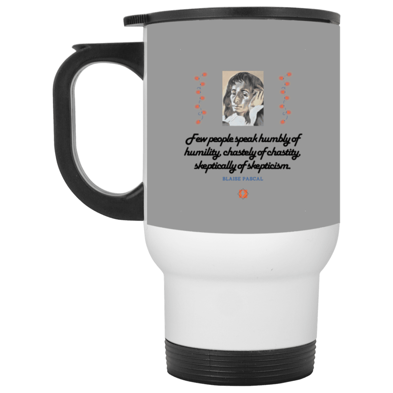 Steel Travel Mug with inspiring Pascal quote: BP102 - Self-awareness is a societal lack - Color: White Gray