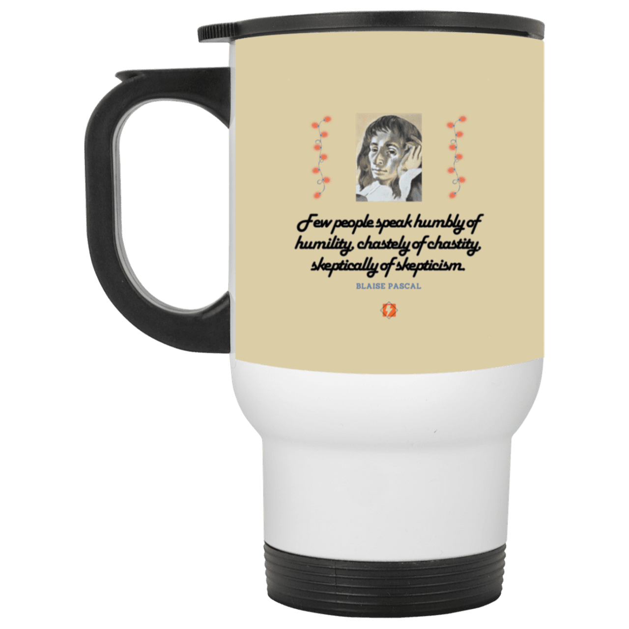 Steel Travel Mug with inspiring Pascal quote: BP102 - Self-awareness is a societal lack - Color: White Tan