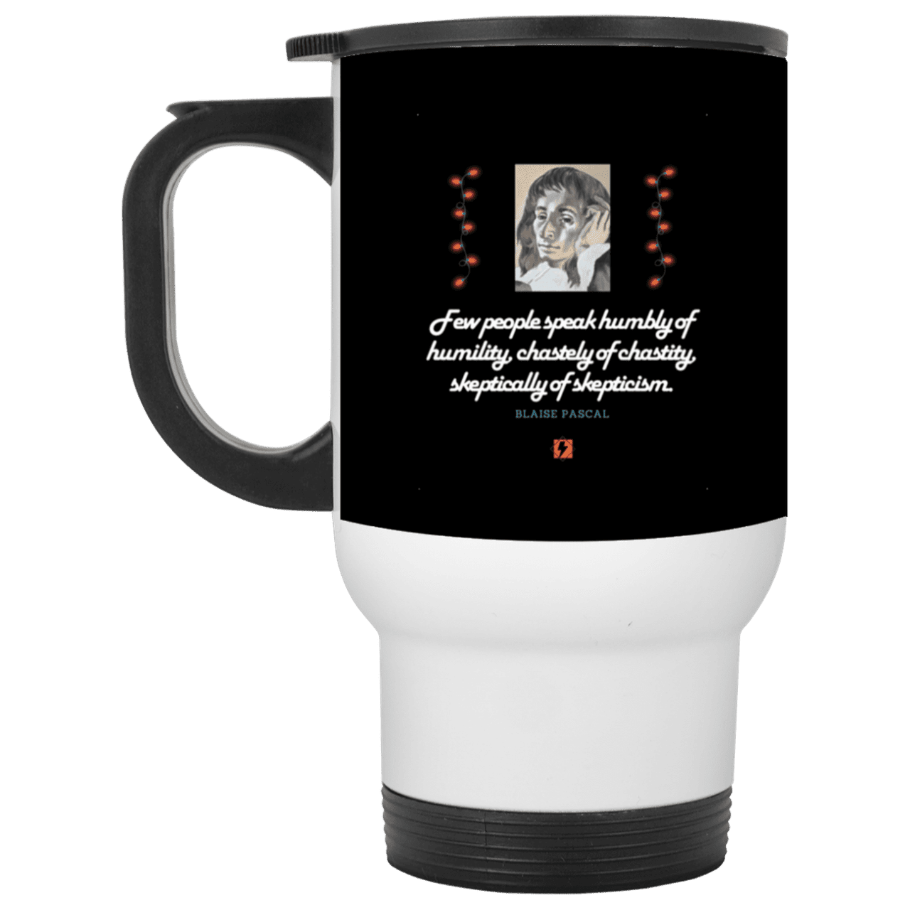 Steel Travel Mug with inspiring Pascal quote: BP102 - Self-awareness is a societal lack - Color: White Black