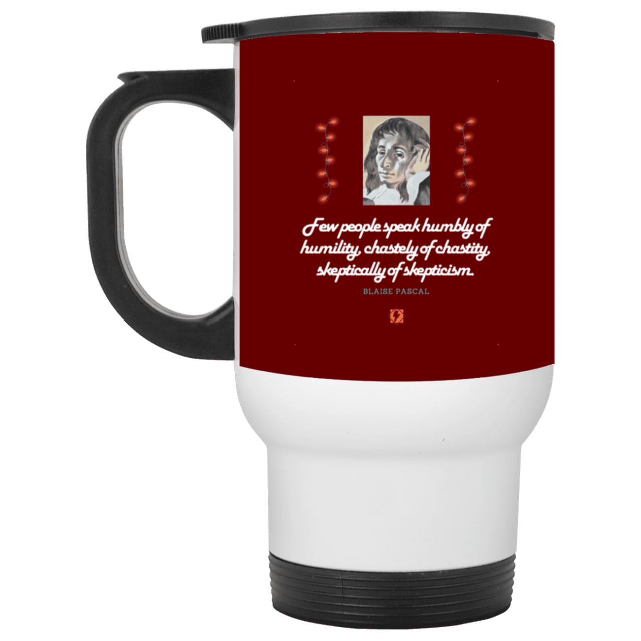 Steel Travel Mug with inspiring Pascal quote: BP102 - Self-awareness is a societal lack - Color: White Maroon