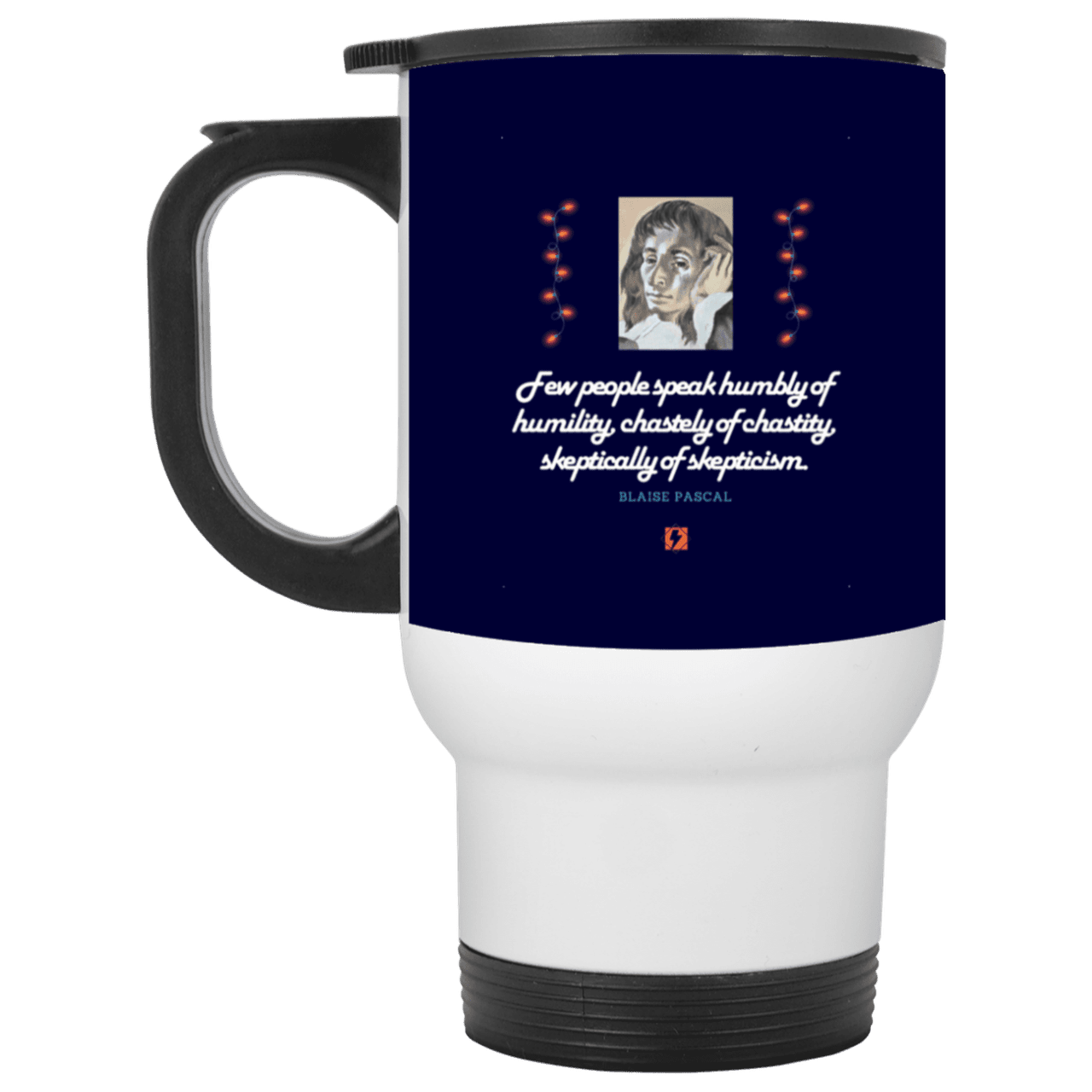 Steel Travel Mug with inspiring Pascal quote: BP102 - Self-awareness is a societal lack - Color: White Navy