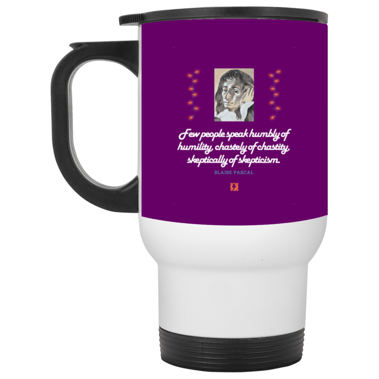 Steel Travel Mug with inspiring Pascal quote: BP102 - Self-awareness is a societal lack - Color: White Purple