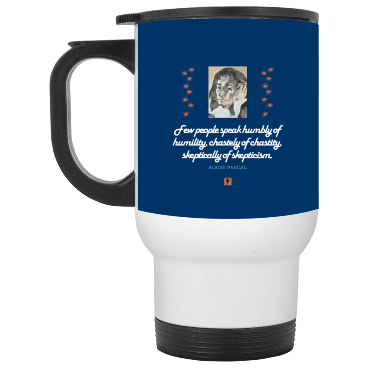 Steel Travel Mug with inspiring Pascal quote: BP102 - Self-awareness is a societal lack - Color: White Royal