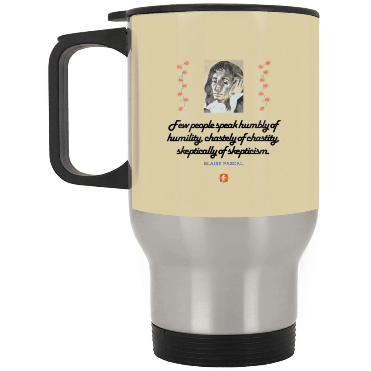 Steel Travel Mug with inspiring Pascal quote: BP102 - Self-awareness is a societal lack - Color: Silver Tan