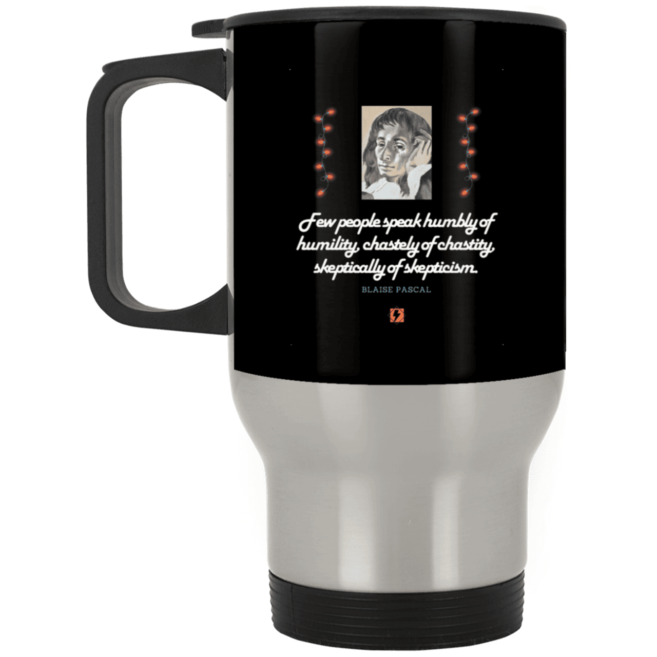 Steel Travel Mug with inspiring Pascal quote: BP102 - Self-awareness is a societal lack - Color: Silver Black