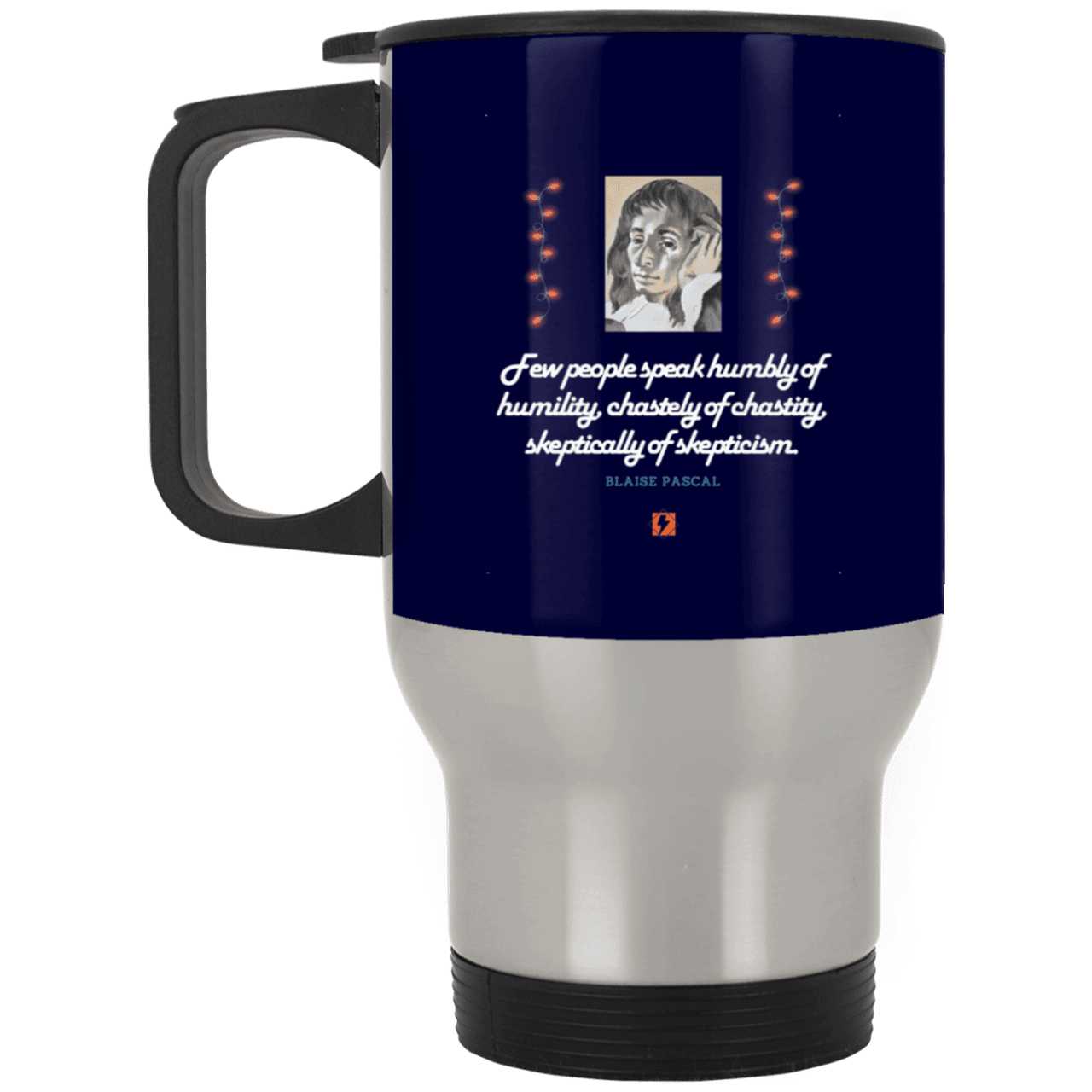 Steel Travel Mug with inspiring Pascal quote: BP102 - Self-awareness is a societal lack - Color: Silver Navy