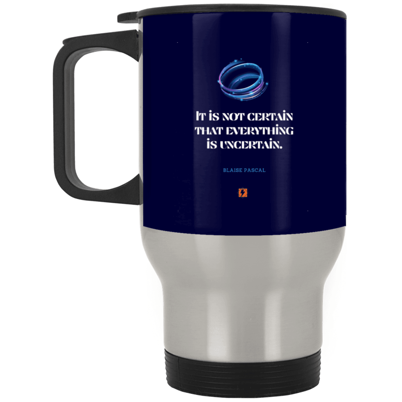 Steel Travel Mug with inspiring Pascal quote: BP104 - Probabilities apply everywhere - Color: Silver Navy