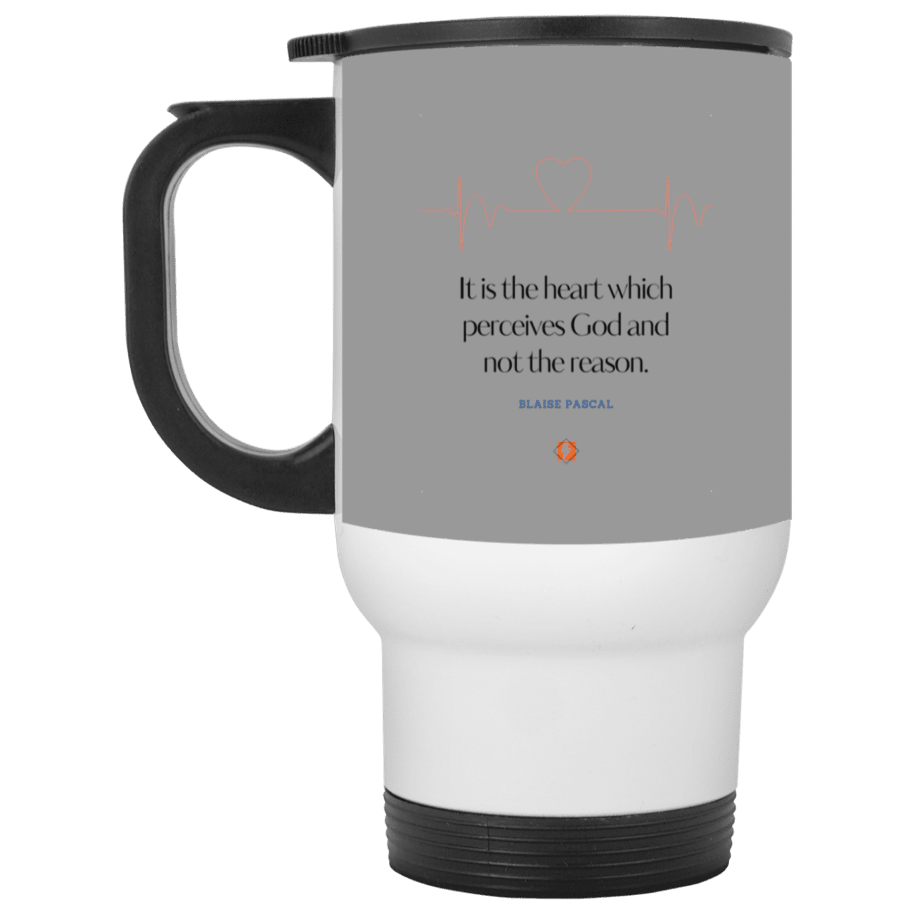 Steel Travel Mug with inspiring Pascal quote: BP105 - God is perceived in the heart - Color: White Gray