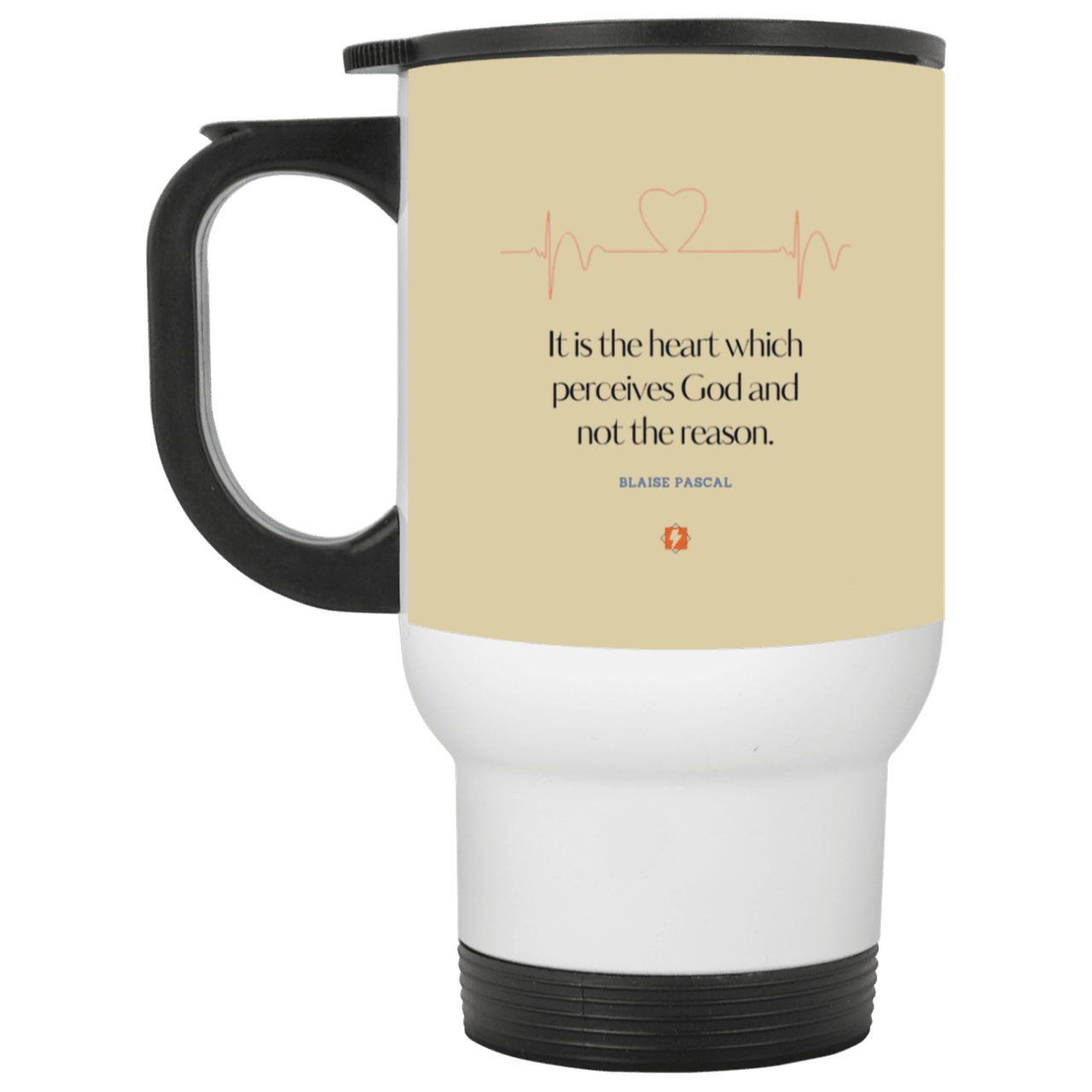 Steel Travel Mug with inspiring Pascal quote: BP105 - God is perceived in the heart - Color: White Tan