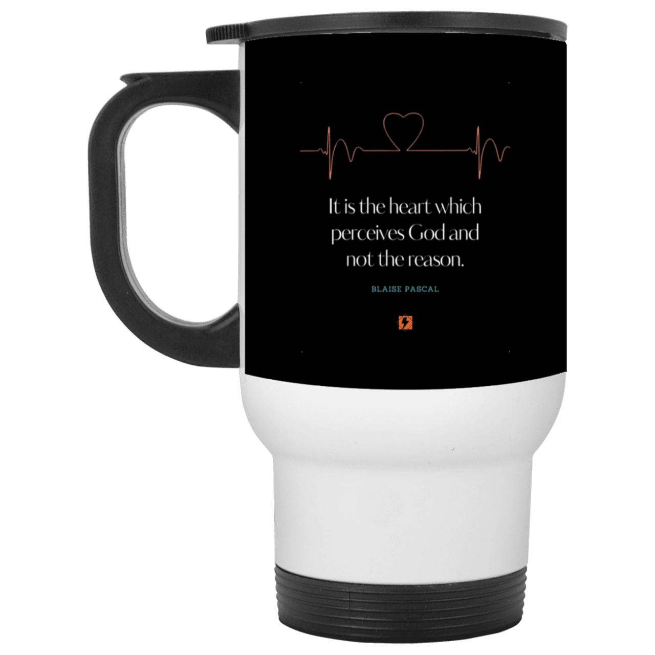 Steel Travel Mug with inspiring Pascal quote: BP105 - God is perceived in the heart - Color: White Black