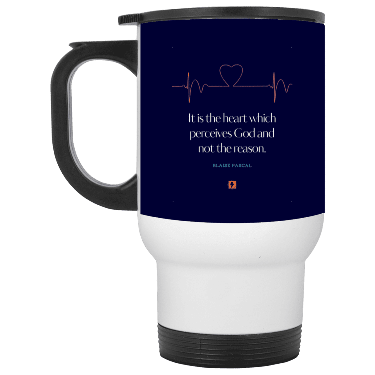 Steel Travel Mug with inspiring Pascal quote: BP105 - God is perceived in the heart - Color: White Navy