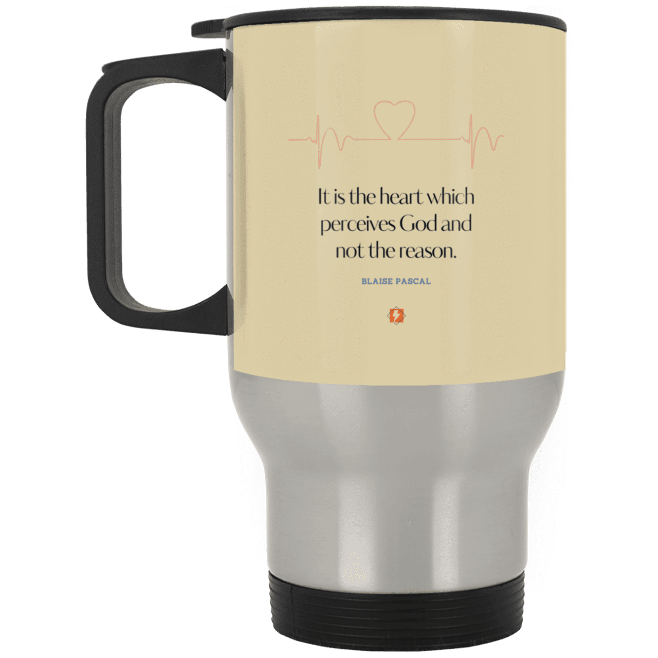 Steel Travel Mug with inspiring Pascal quote: BP105 - God is perceived in the heart - Color: Silver Tan