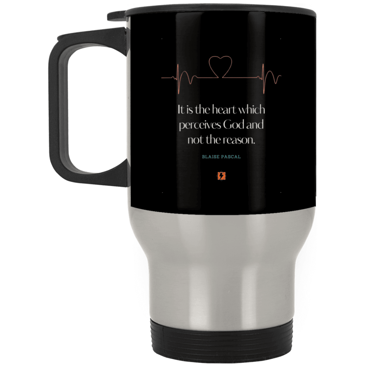 Steel Travel Mug with inspiring Pascal quote: BP105 - God is perceived in the heart - Color: Silver Black