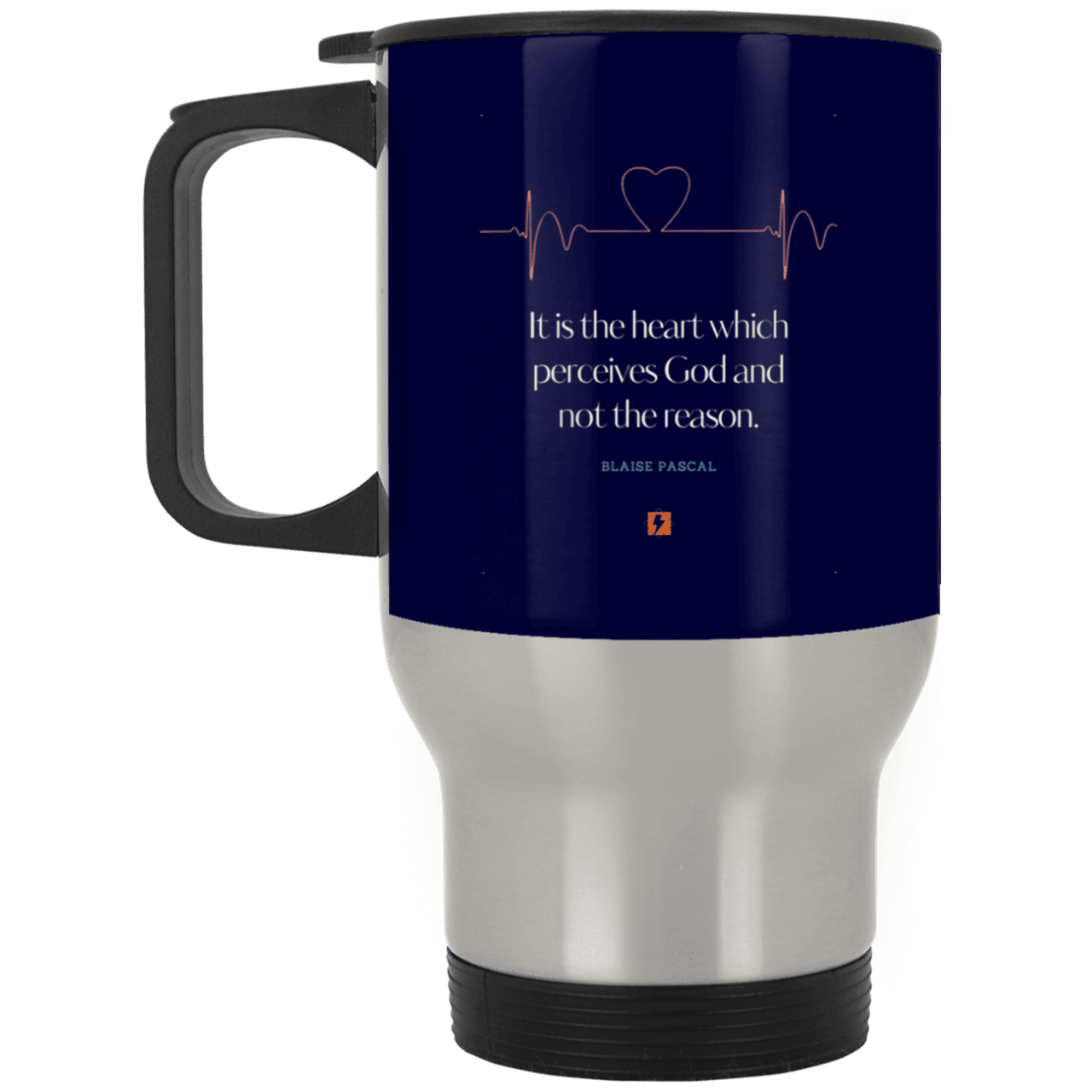 Steel Travel Mug with inspiring Pascal quote: BP105 - God is perceived in the heart - Color: Silver Navy