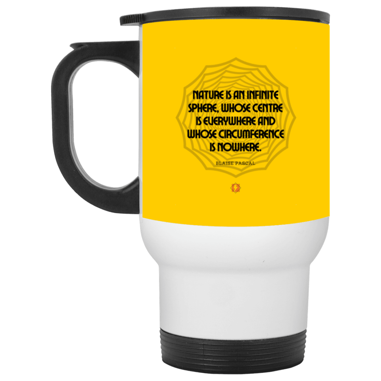 Steel Travel Mug with inspiring Pascal quote: BP108 - Nature is unfathomable - Color: White Athletic Gold