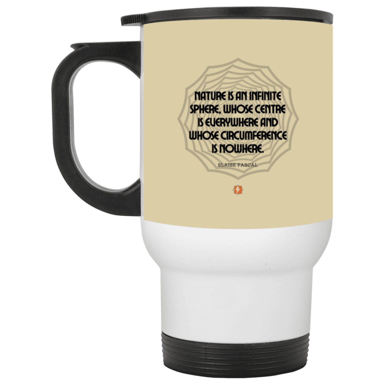 Steel Travel Mug with inspiring Pascal quote: BP108 - Nature is unfathomable - Color: White Tan