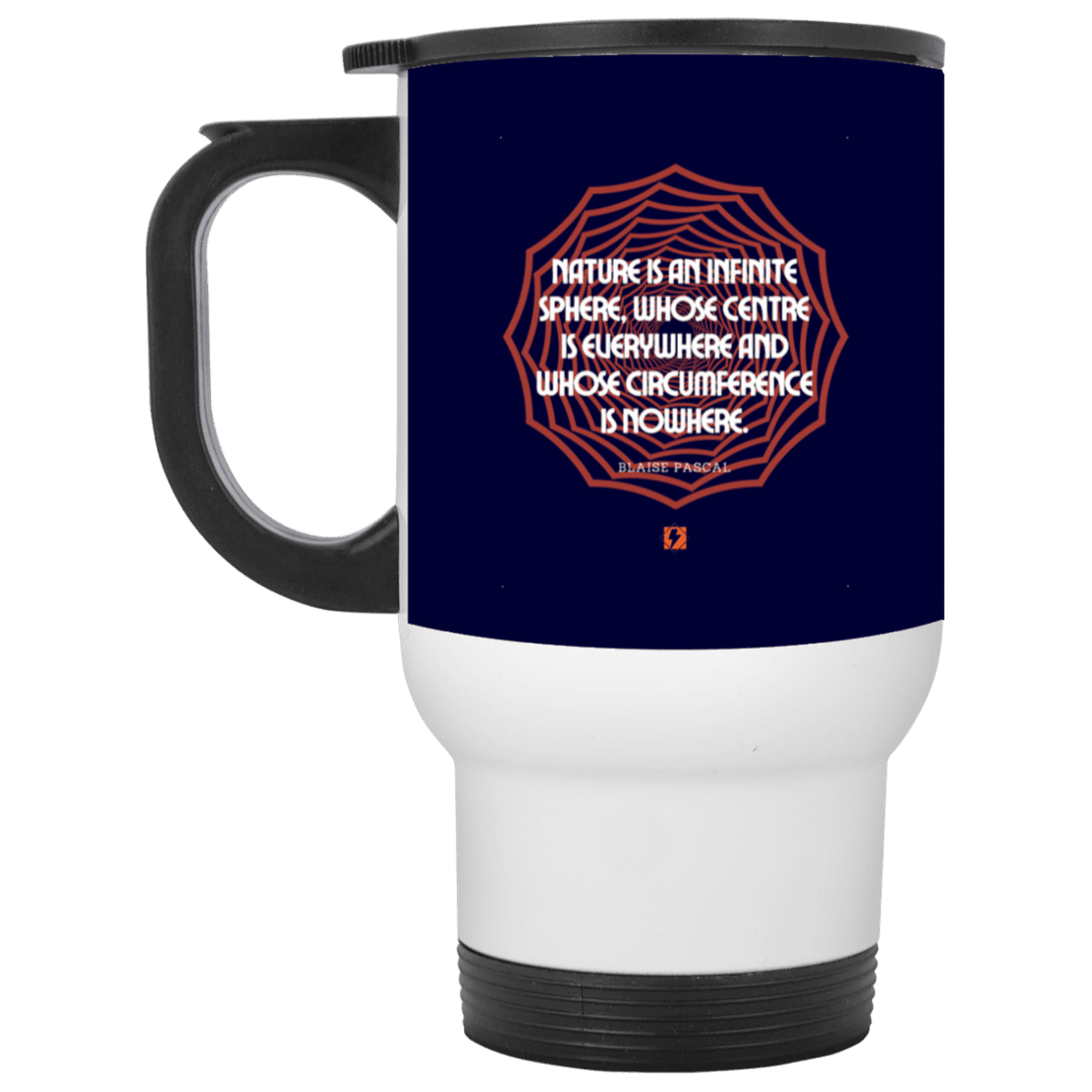 Steel Travel Mug with inspiring Pascal quote: BP108 - Nature is unfathomable - Color: White Navy