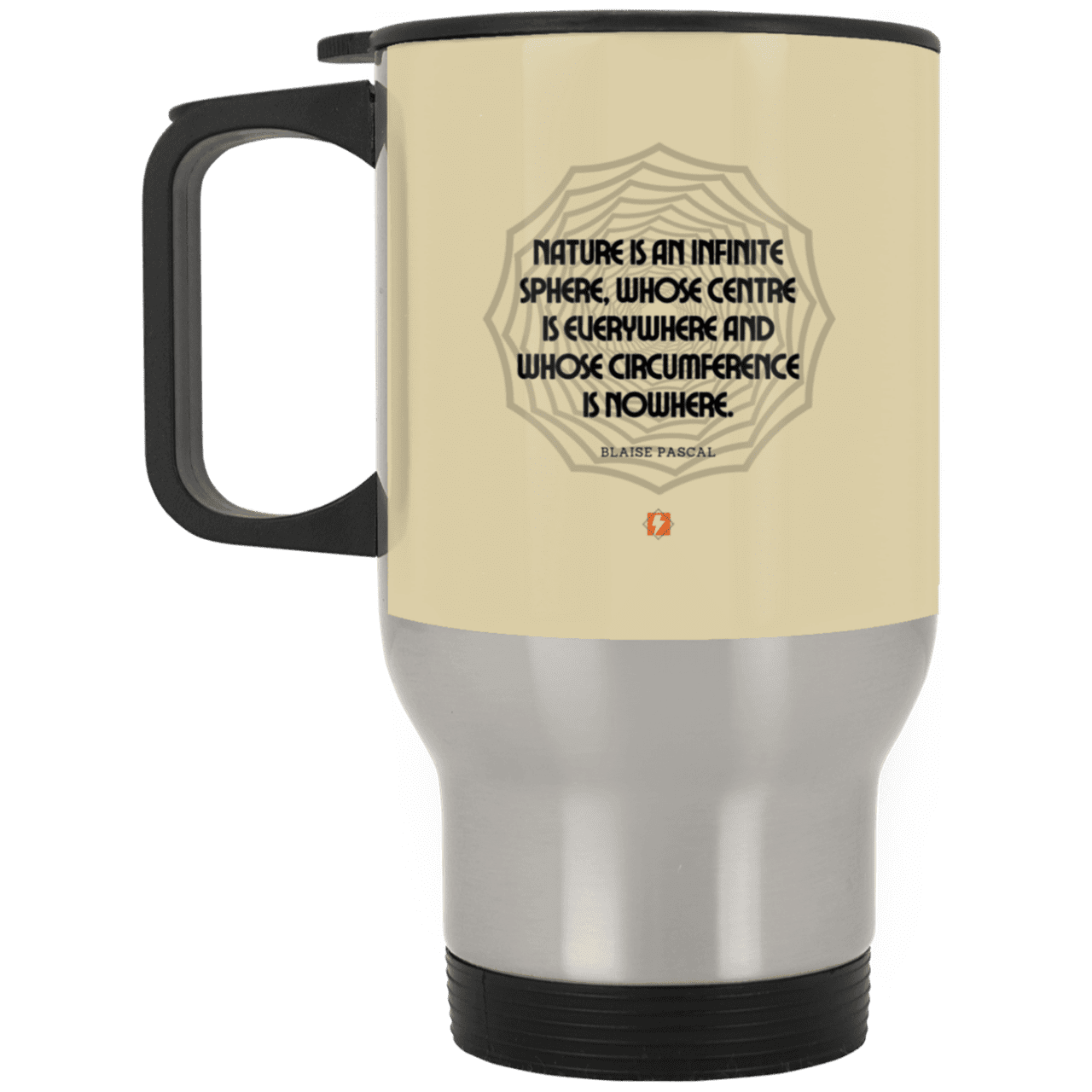 Steel Travel Mug with inspiring Pascal quote: BP108 - Nature is unfathomable - Color: Silver Tan