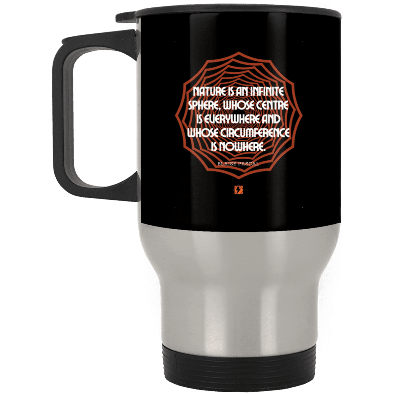 Steel Travel Mug with inspiring Pascal quote: BP108 - Nature is unfathomable - Color: Silver Black