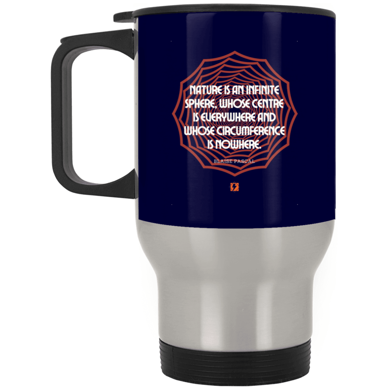 Steel Travel Mug with inspiring Pascal quote: BP108 - Nature is unfathomable - Color: Silver Navy