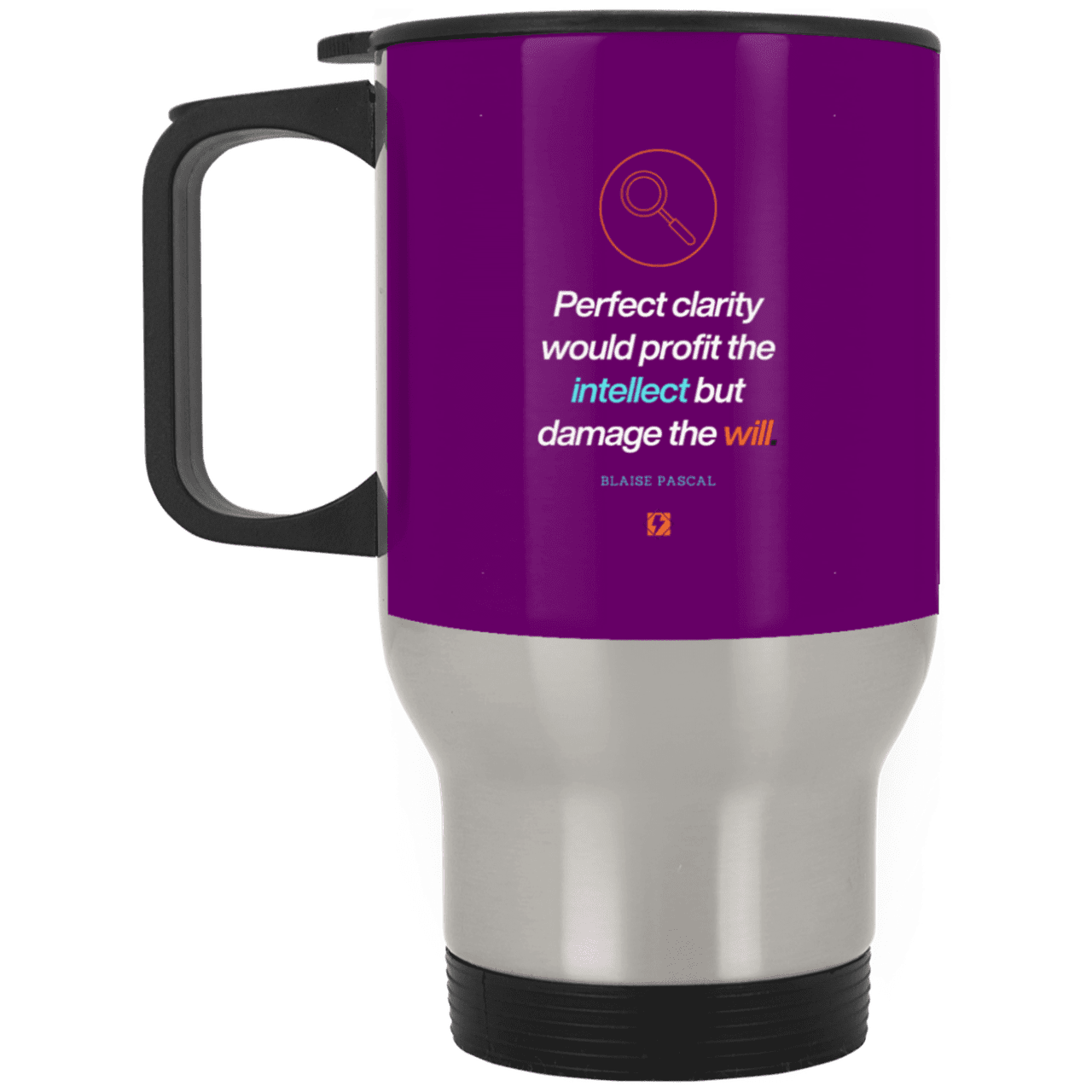 Steel Travel Mug with inspiring Pascal quote: BP109 - Clarity sometimes leads to inaction - Color: Silver Purple