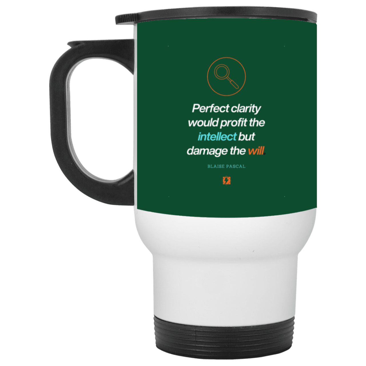 Steel Travel Mug with inspiring Pascal quote: BP109 - Clarity sometimes leads to inaction - Color: White Forest