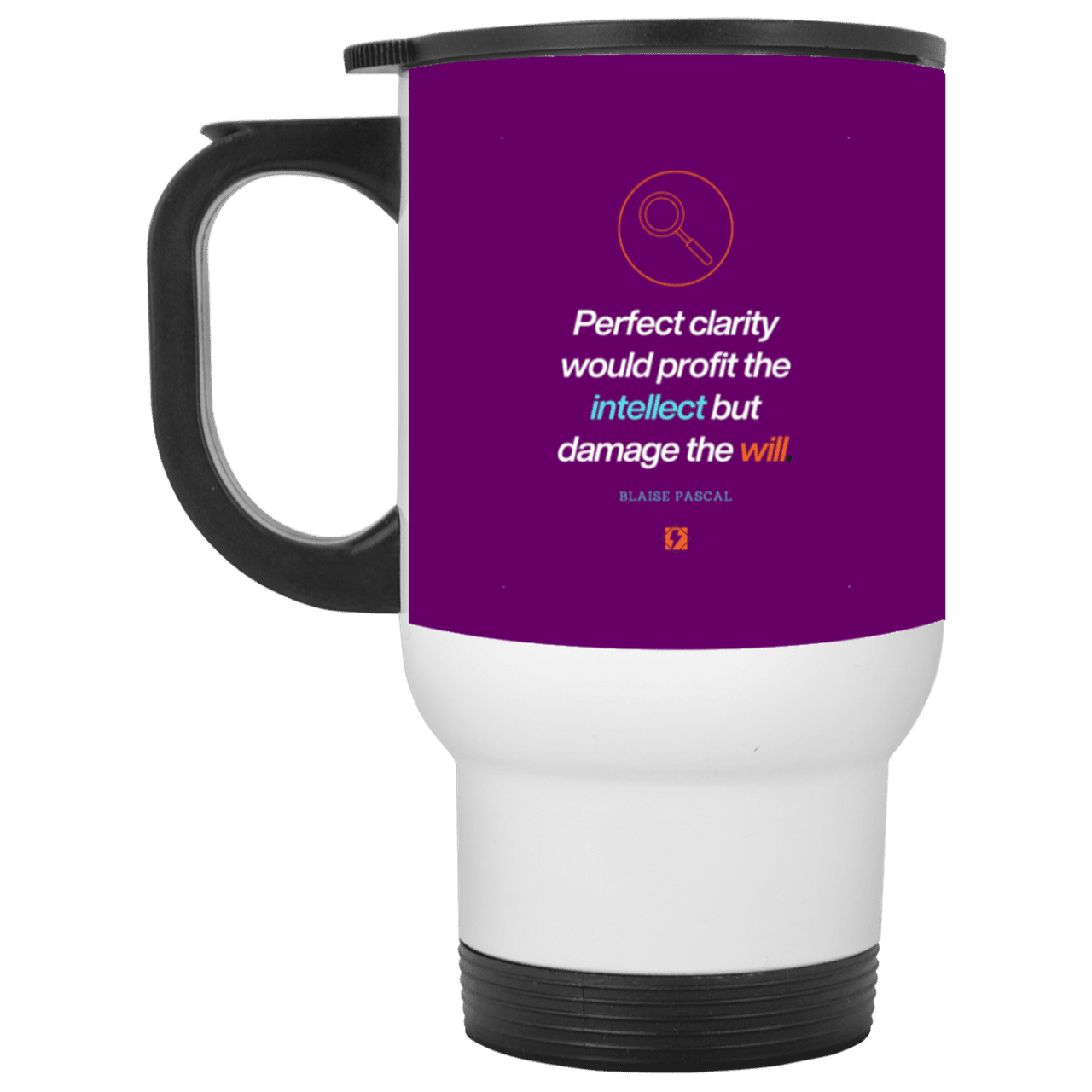 Steel Travel Mug with inspiring Pascal quote: BP109 - Clarity sometimes leads to inaction - Color: White Purple