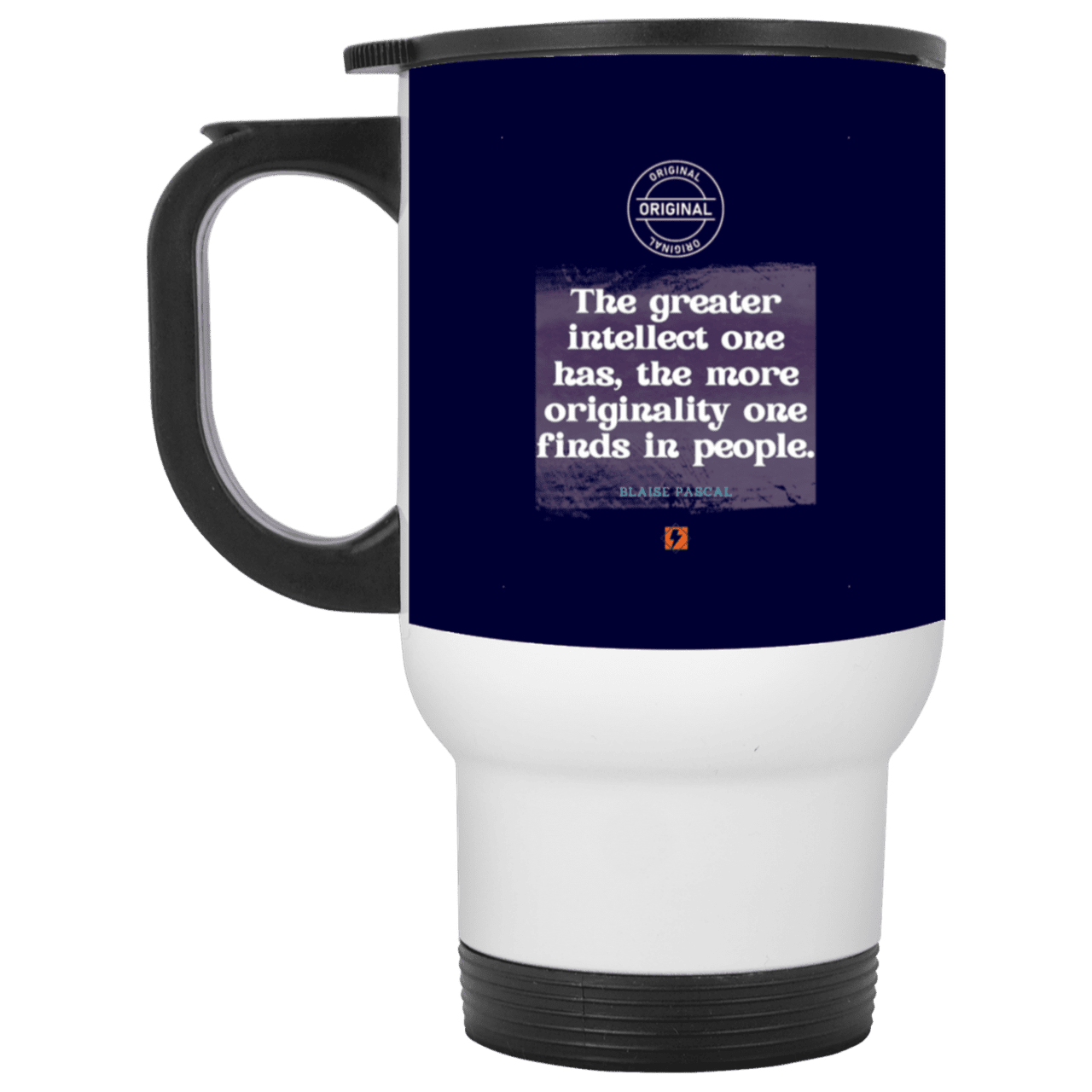 Steel Travel Mug with inspiring Pascal quote: BP111 - Intelligence is in perceiving originality - Color: White Navy