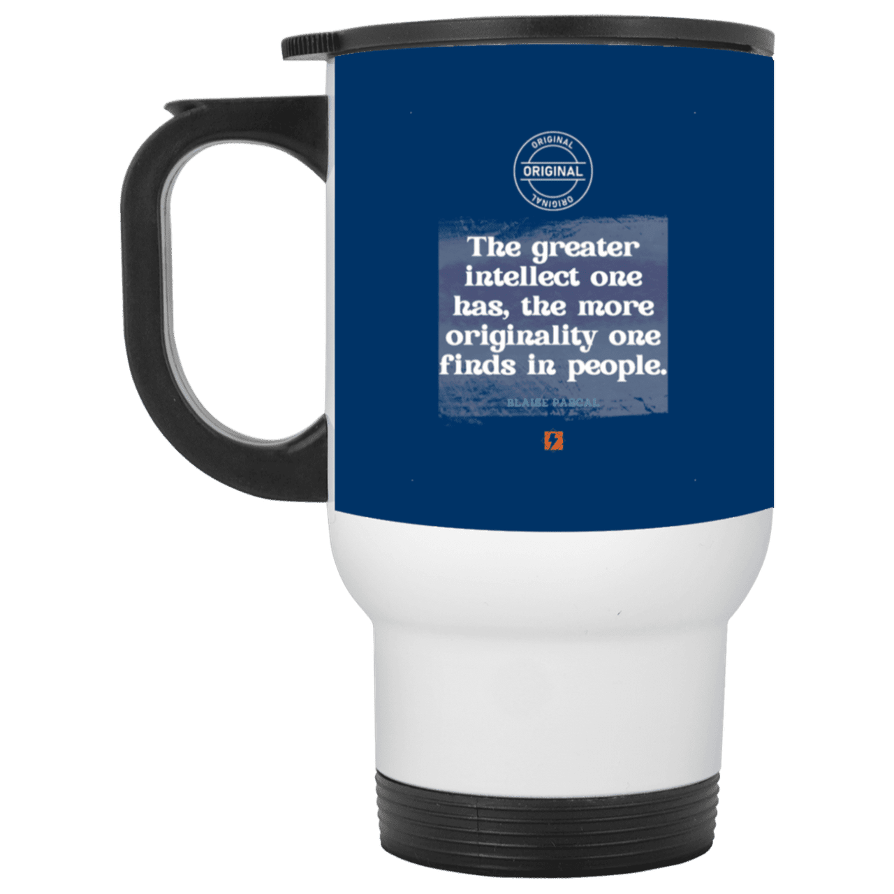 Steel Travel Mug with inspiring Pascal quote: BP111 - Intelligence is in perceiving originality - Color: White Royal