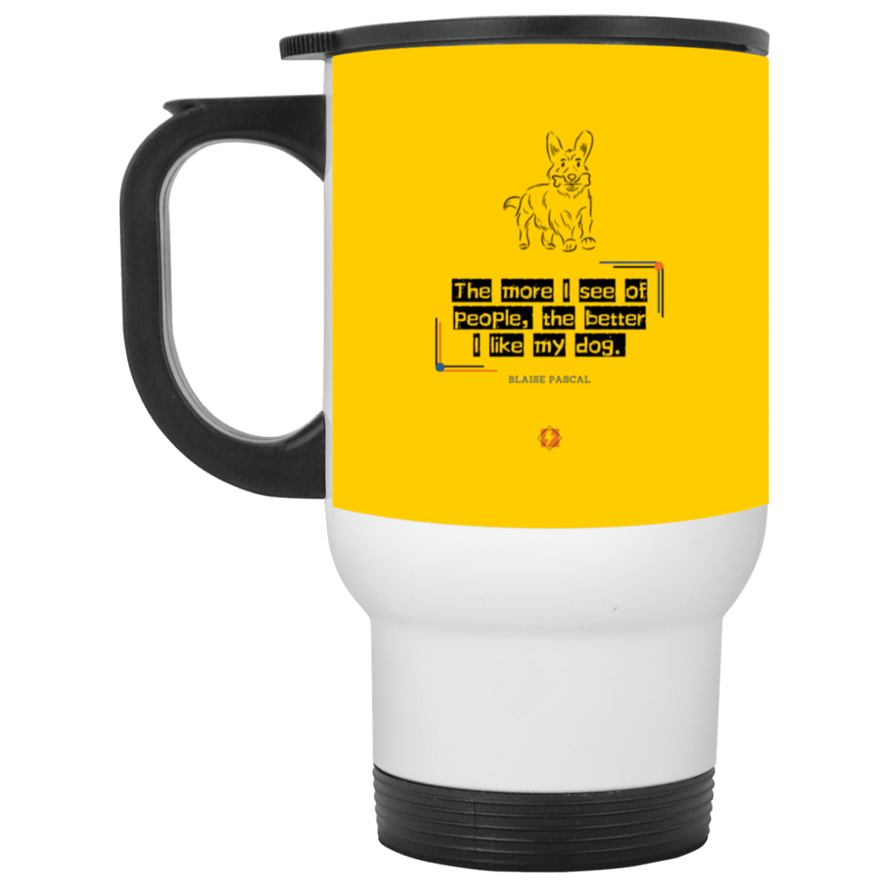 Steel Travel Mug with inspiring Pascal quote: BP112 - People vs Pets - Color: White Athletic Gold