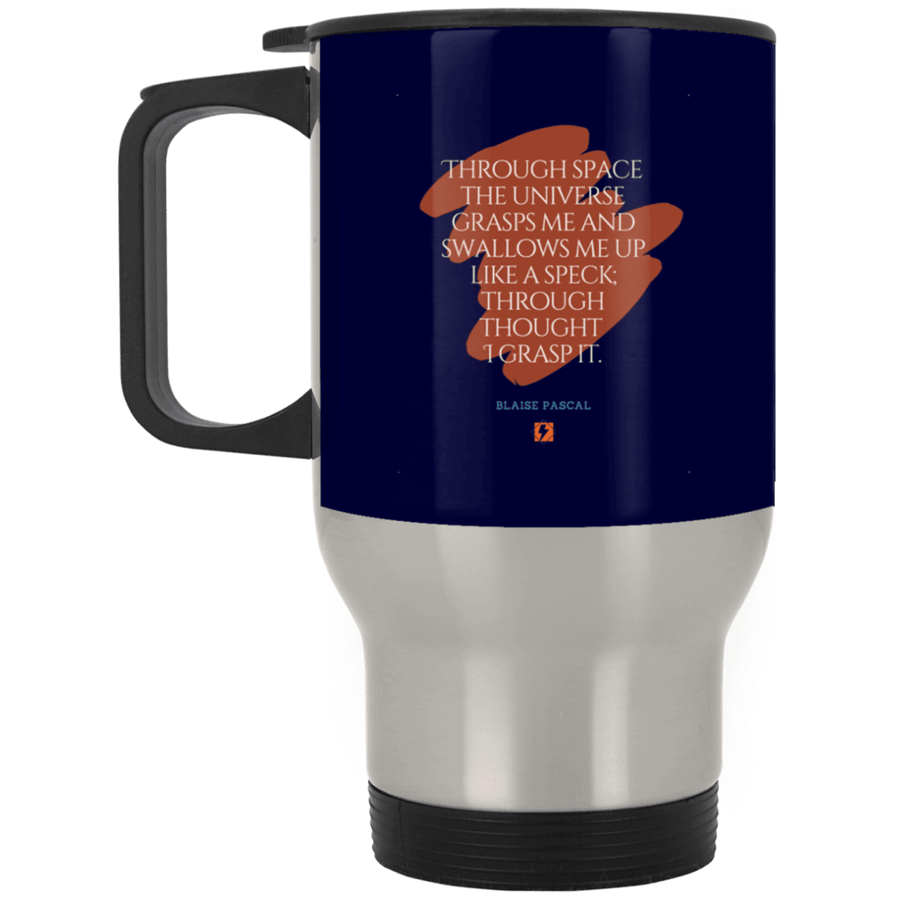 Steel Travel Mug with inspiring Pascal quote: BP113 - Thought transcends space matter and time - Color: Silver Navy