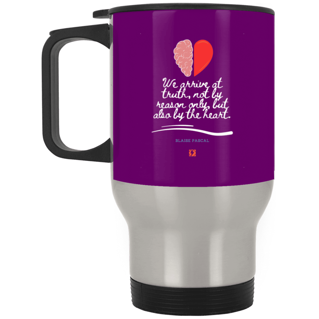 Steel Travel Mug with inspiring Pascal quote: BP116 - Truth requires both the head and the heart - Color: Silver Purple