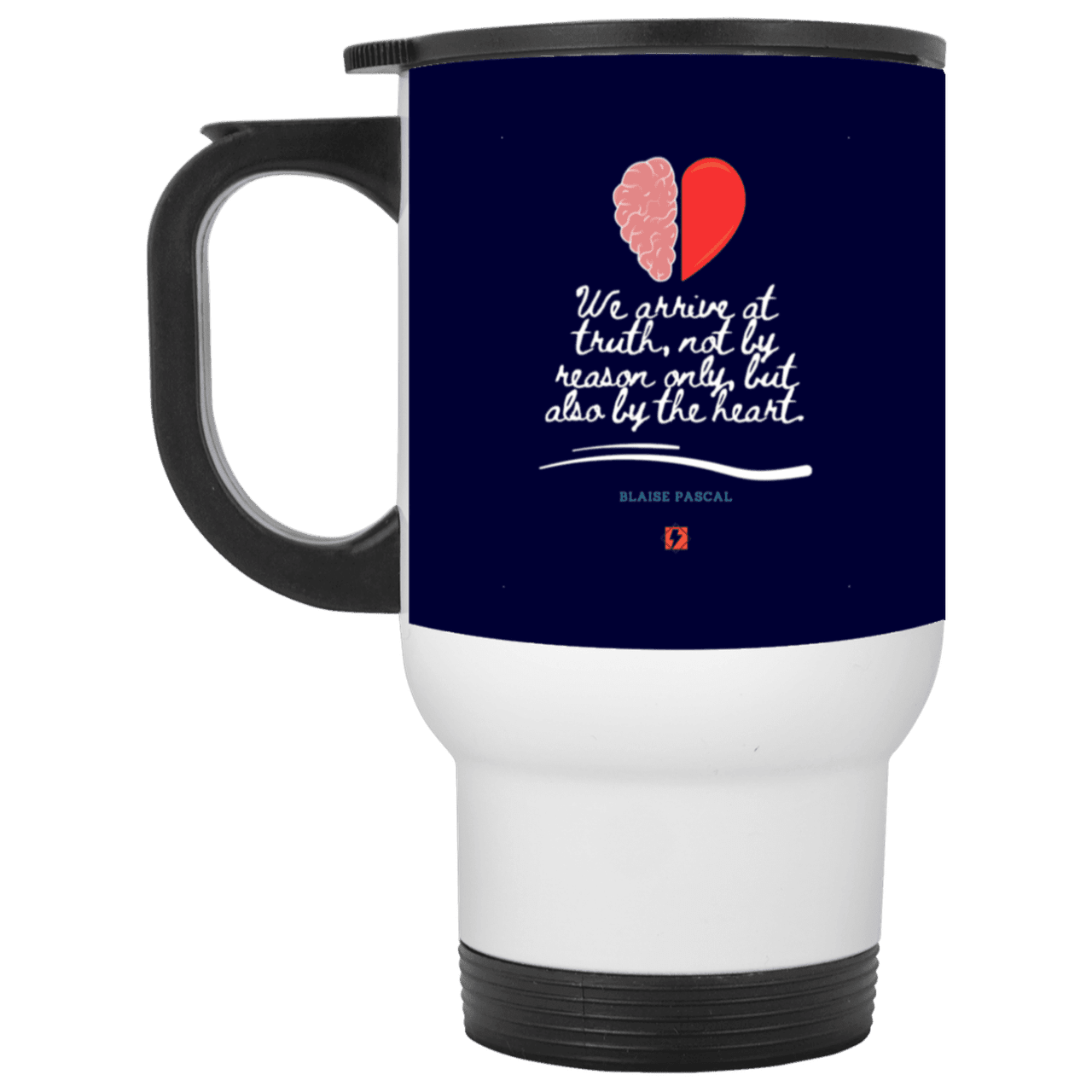 Steel Travel Mug with inspiring Pascal quote: BP116 - Truth requires both the head and the heart - Color: White Navy