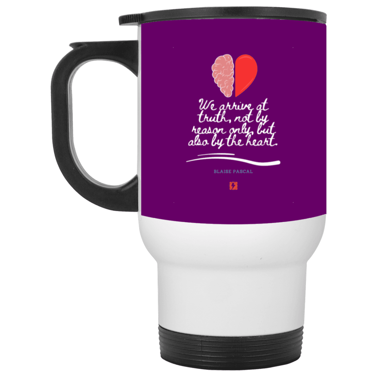 Steel Travel Mug with inspiring Pascal quote: BP116 - Truth requires both the head and the heart - Color: White Purple