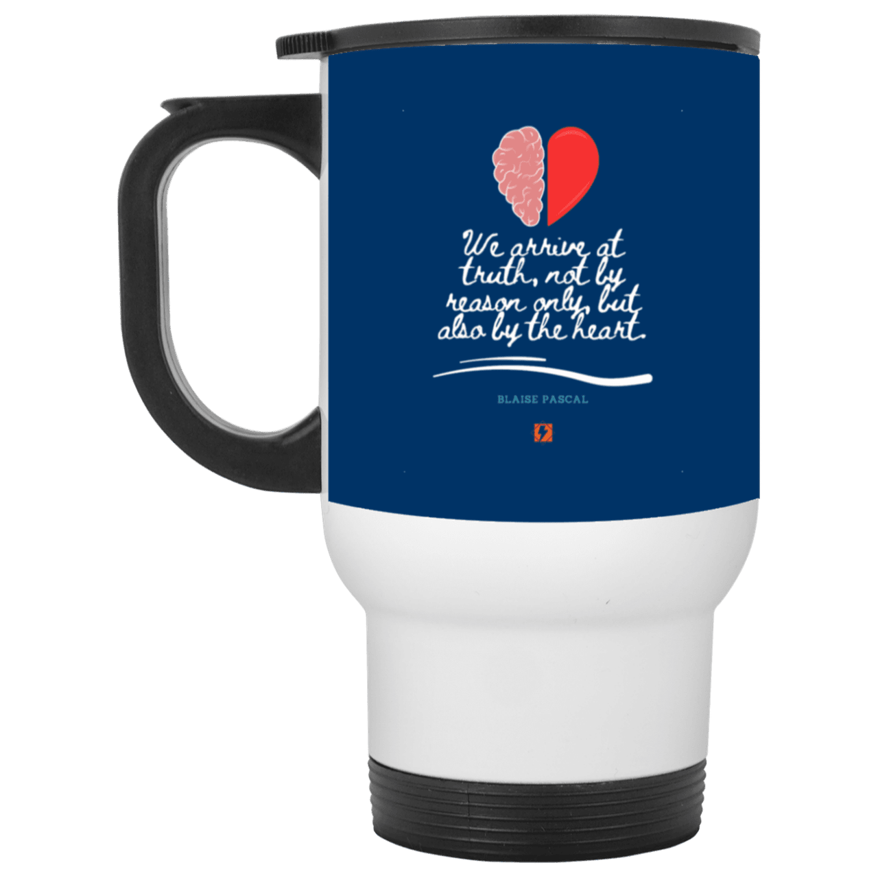 Steel Travel Mug with inspiring Pascal quote: BP116 - Truth requires both the head and the heart - Color: White Royal