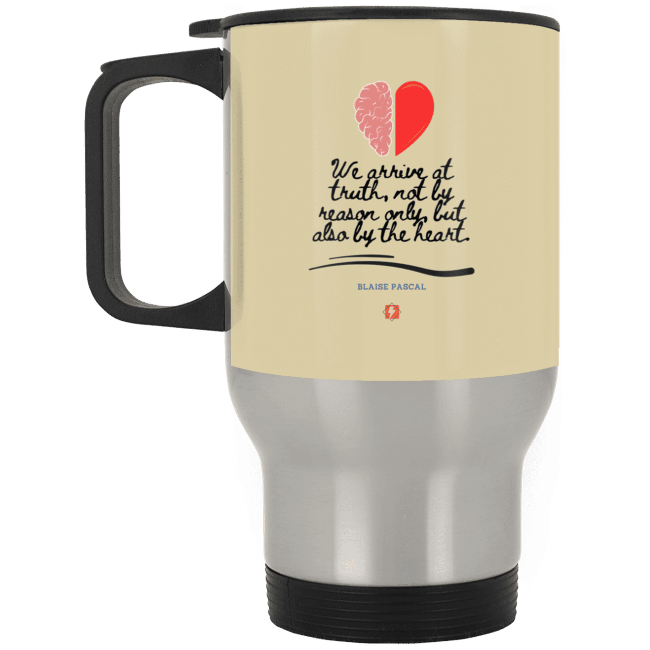 Steel Travel Mug with inspiring Pascal quote: BP116 - Truth requires both the head and the heart - Color: Silver Tan