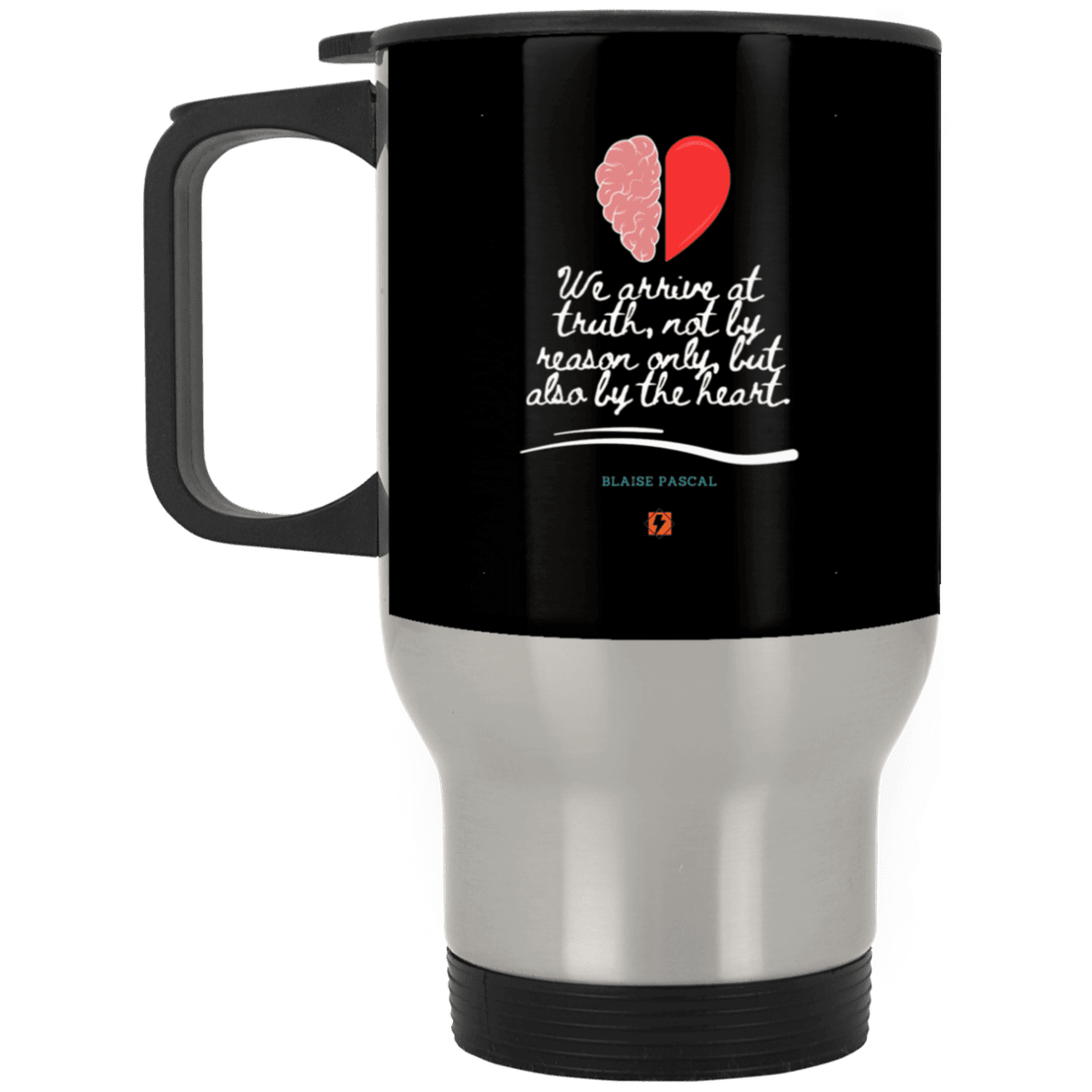 Steel Travel Mug with inspiring Pascal quote: BP116 - Truth requires both the head and the heart - Color: Silver Black