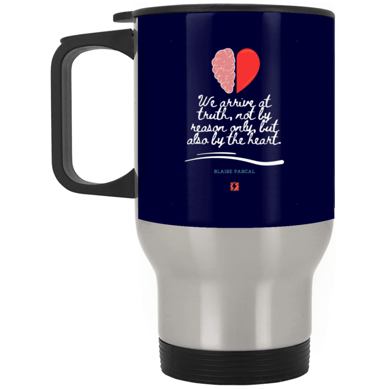 Steel Travel Mug with inspiring Pascal quote: BP116 - Truth requires both the head and the heart - Color: Silver Navy