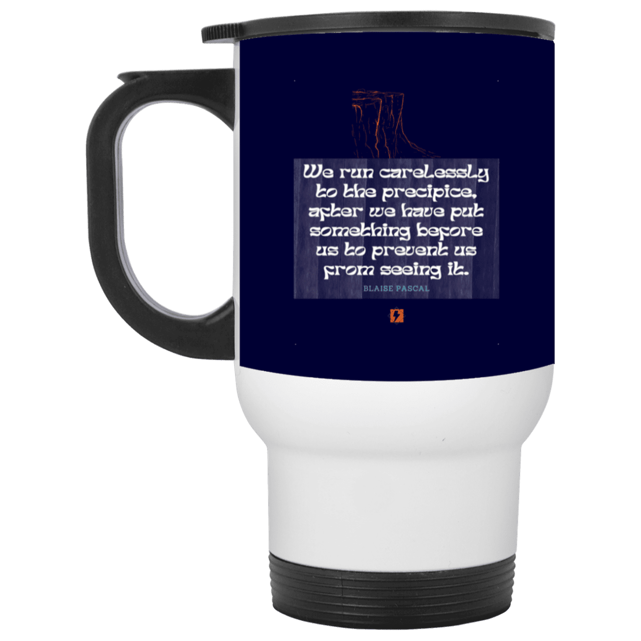 Steel Travel Mug with inspiring Pascal quote: BP117 - Making assumptions carry risks - Color: White Navy